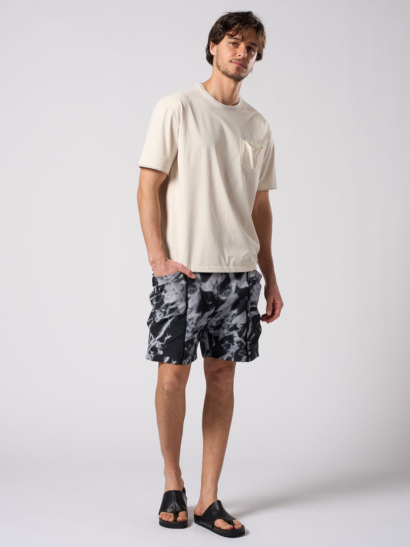 【予約品 1月25日(日) 締切】drawstring leather pocket S/S / ドローストリング レザーポケット ショートスリーブ / ライトベージュ