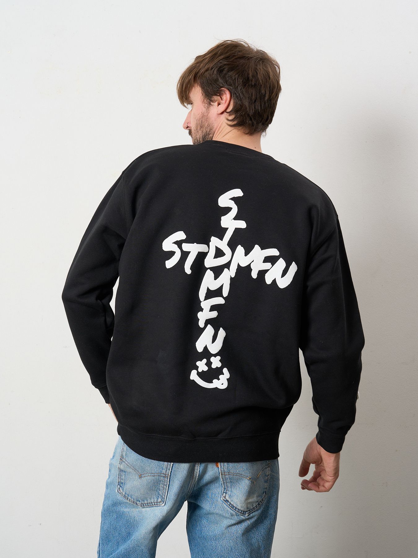 【予約品 5月8日(木) AM10時 締切】 TC裏毛起毛 ロゴクロス発泡プリント&クロスパッチワーク スウェットシャツ / ブラック