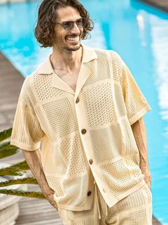 ブロックメッシュニットオープンカラーシャツ / ホワイト