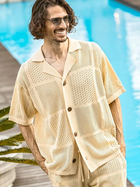 ブロックメッシュニットオープンカラーシャツ / ホワイト