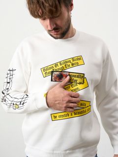 【予約品 5月8日(木) AM10時 締切】 TC裏毛起毛 リリック リボン シークインMUSICプリント スウェットシャツ / ホワイト