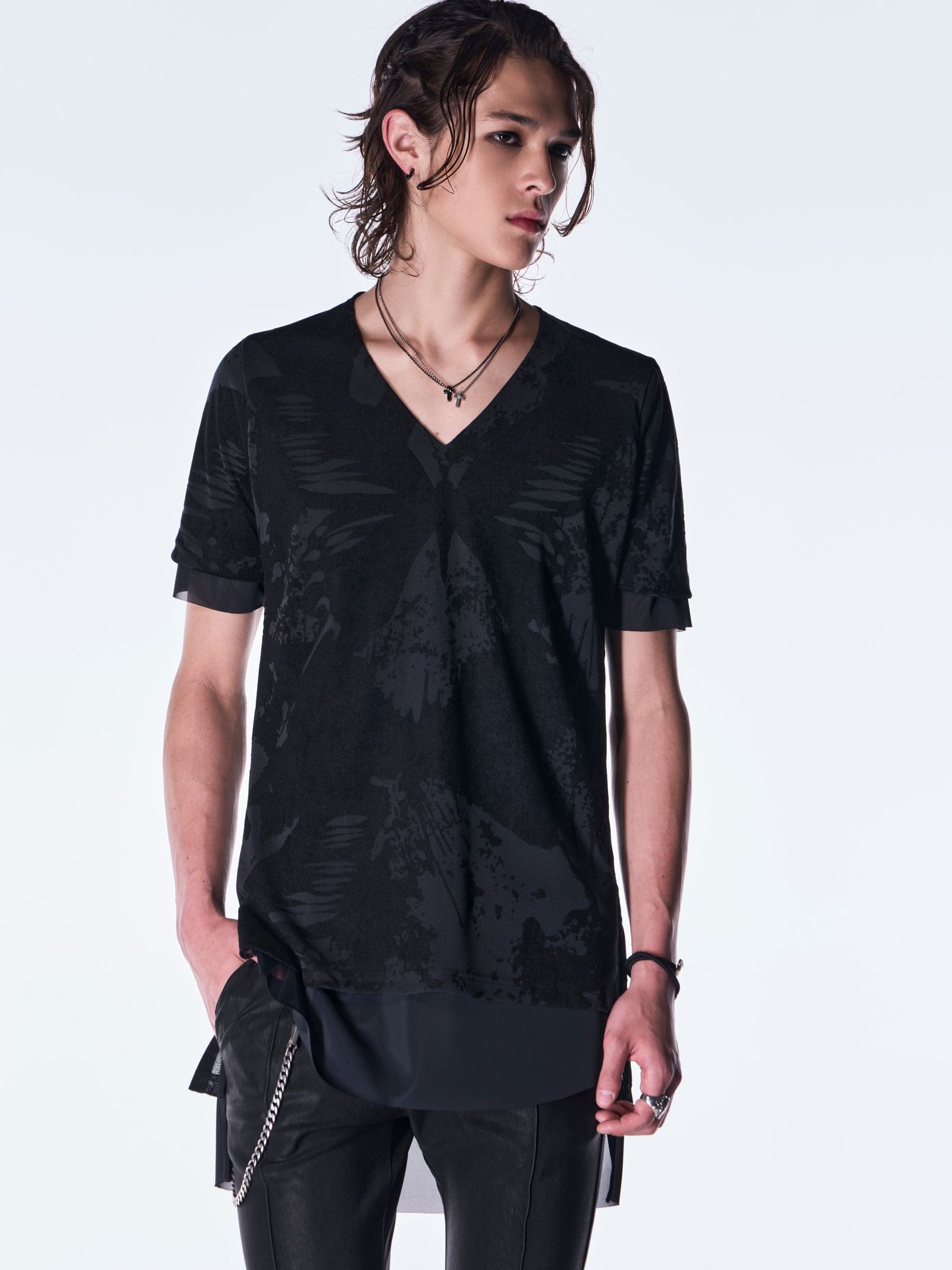 【予約品 6月29日(月) 締切】Opal Mesh Layered T-Shirt / オパールメッシュ レイヤード Tシャツ / ブラック×ブラック
