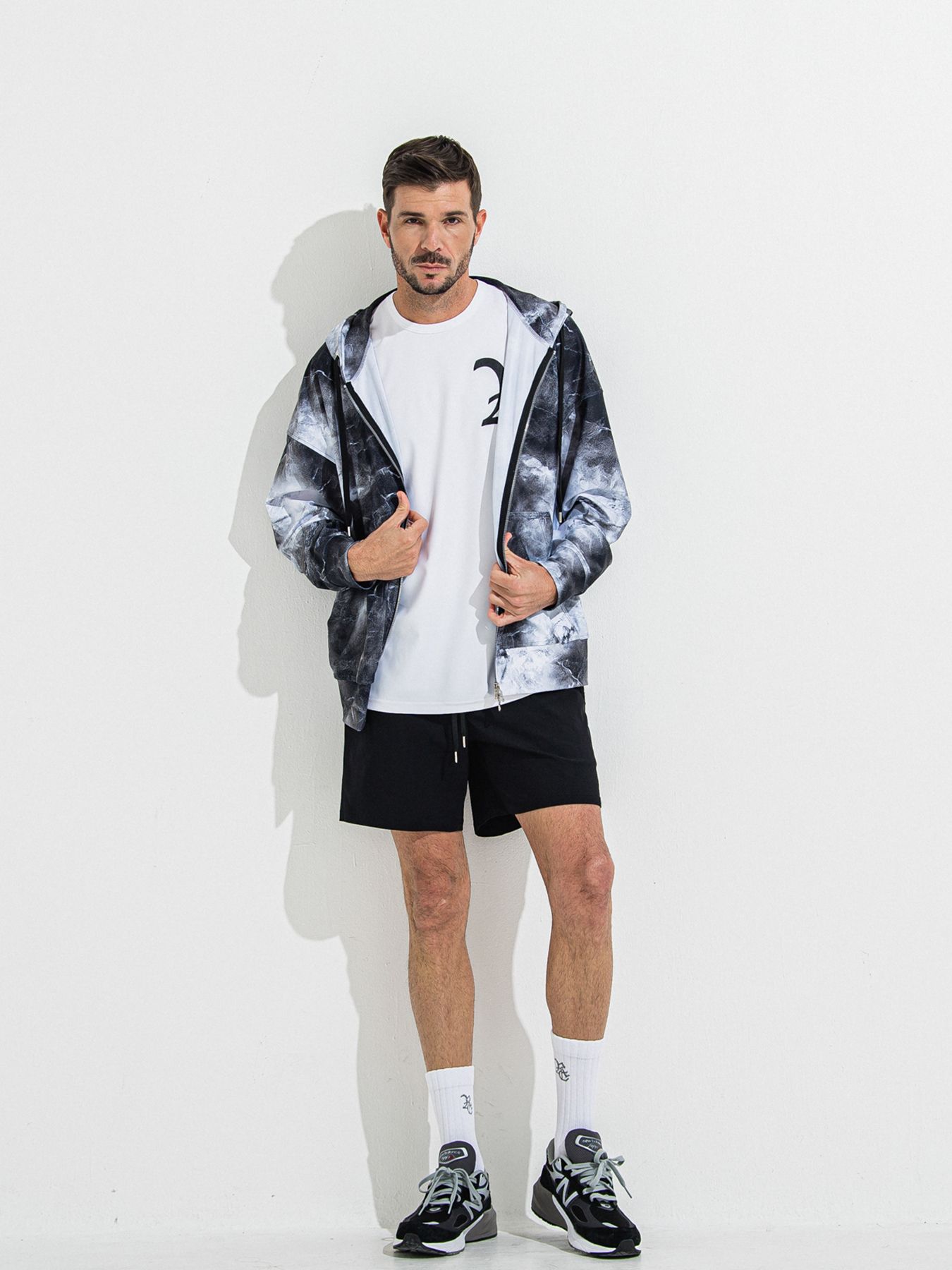【予約品 】RASH OVER ZIPUP HOODIE / ラッシュガード オーバーサイズジップアップパーカー / マーブルブラック