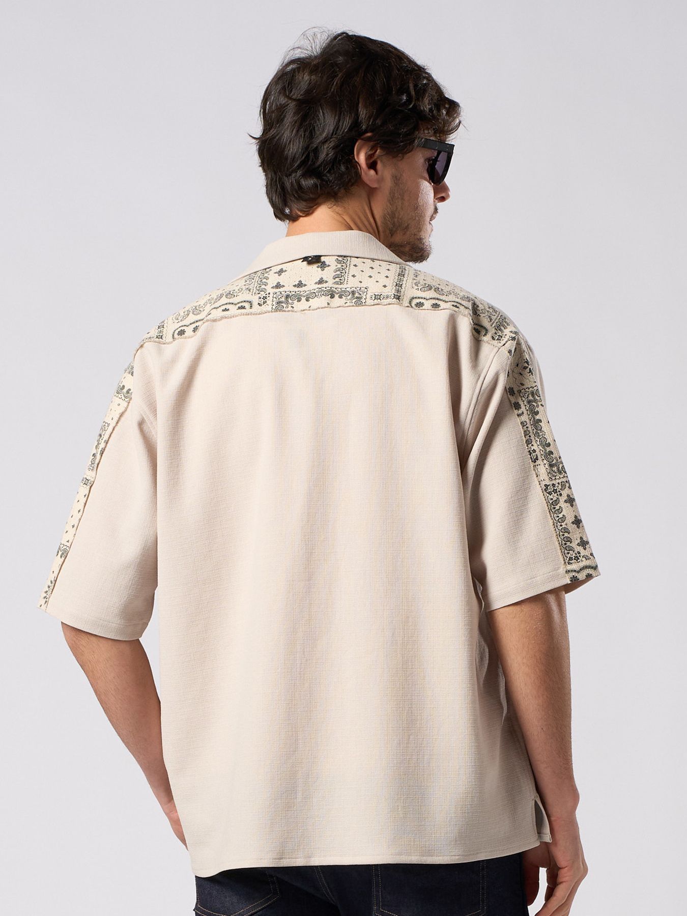【予約品 1月25日(日) 締切】bandana print panel open shirt / バンダナプリントパネル オープンカラーシャツ / ベージュ