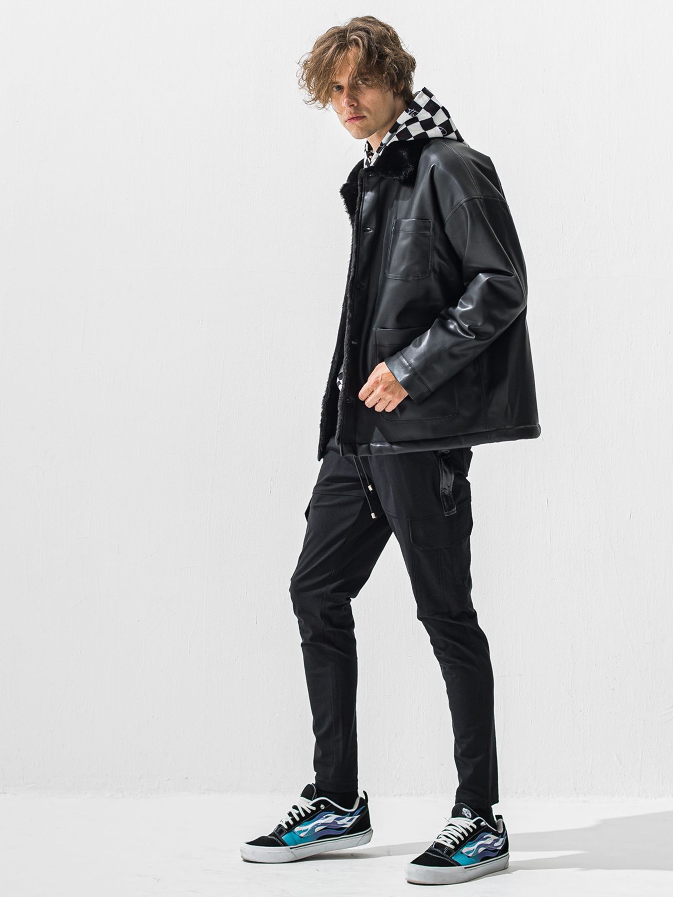 【予約品 9月6日(日) 締切】LEATHER FUR COVERALL / レザー ファー カバーオール / ブラック