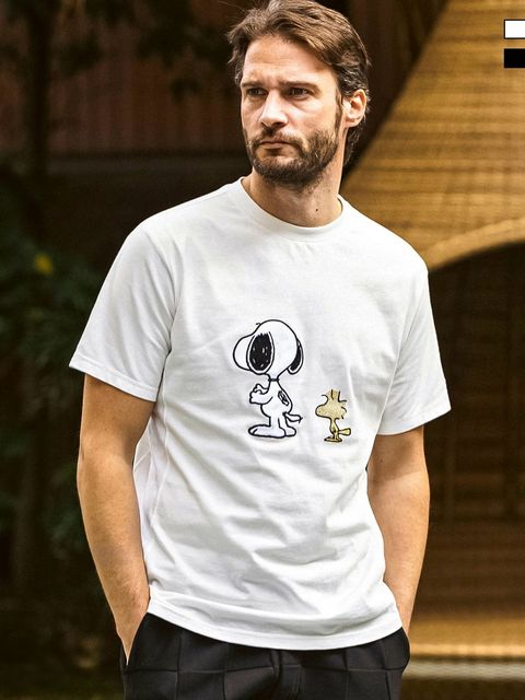 《スヌーピー コラボ》ラインストーン SNOOPY & WOODSTOCK 半袖Tシャツ / ホワイト【PEANUTS × 1PIU1UGUALE3 RELAX】