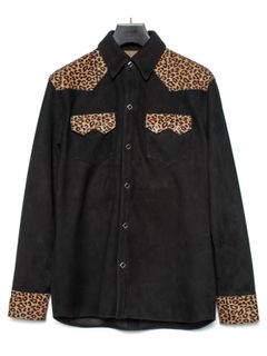 【予約品 9月27日(日) 締切】シープ スエード× 豹柄フロッキープリント ピッグスキン ウエスタン シャツ / SHANE / BLACK