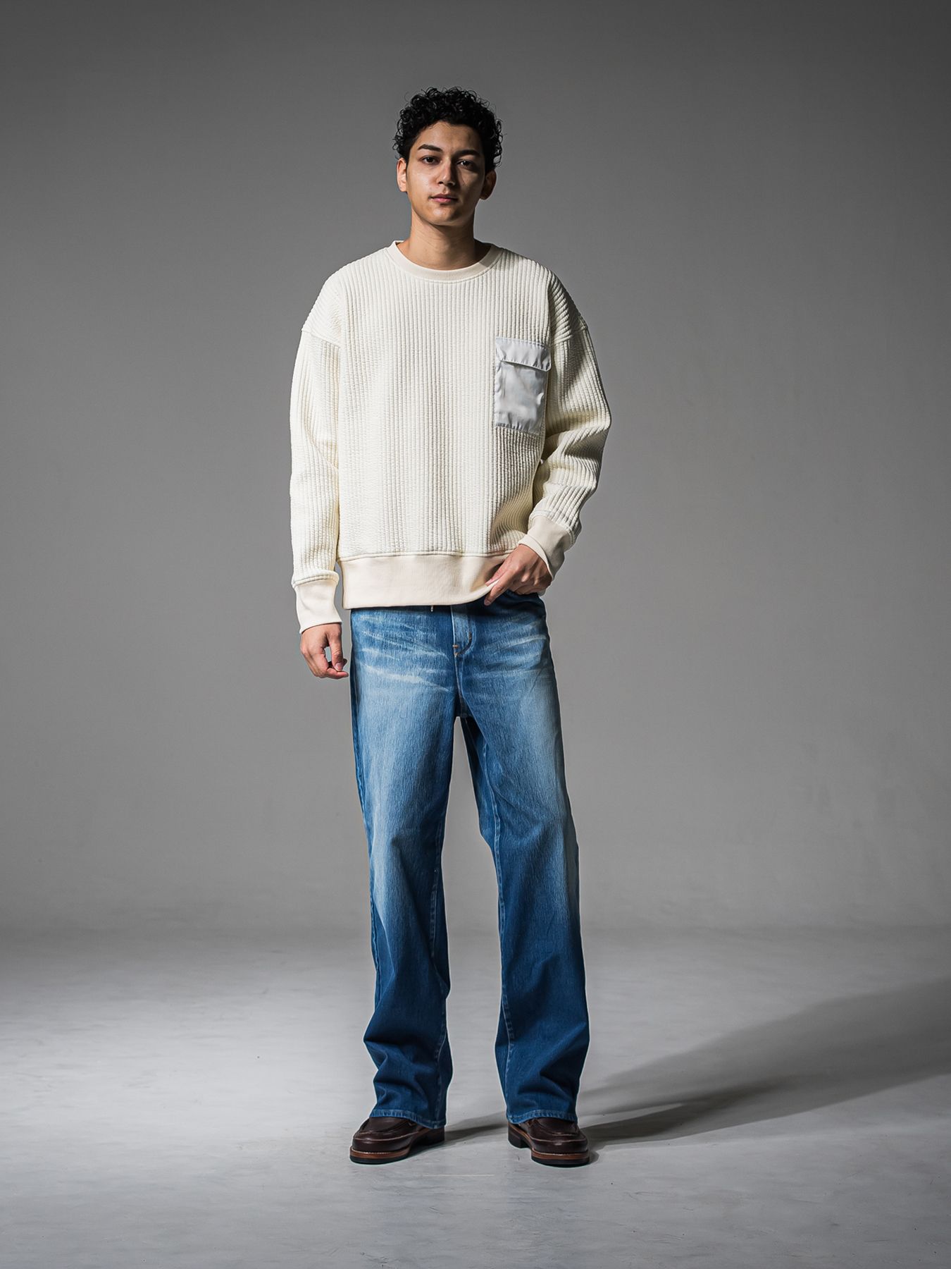 【予約品 】STRIPE QUILTING DROP TRAINER / ストライプキルティング ルーズトレーナー / オフ