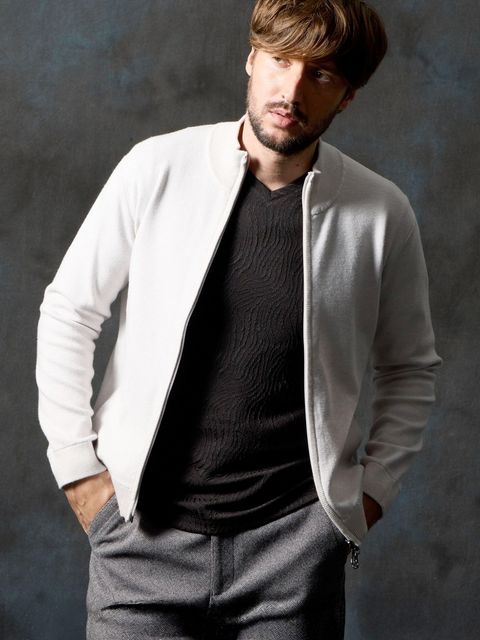 ミラノリブ スタンドニットブルゾン / ホワイト【HIDEAWAYS】