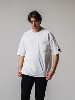 【予約品 11月16日(日) 締切】LEATER POCKET OVER NYLON T / エコレザーポケット ルーズTシャツ / ホワイト