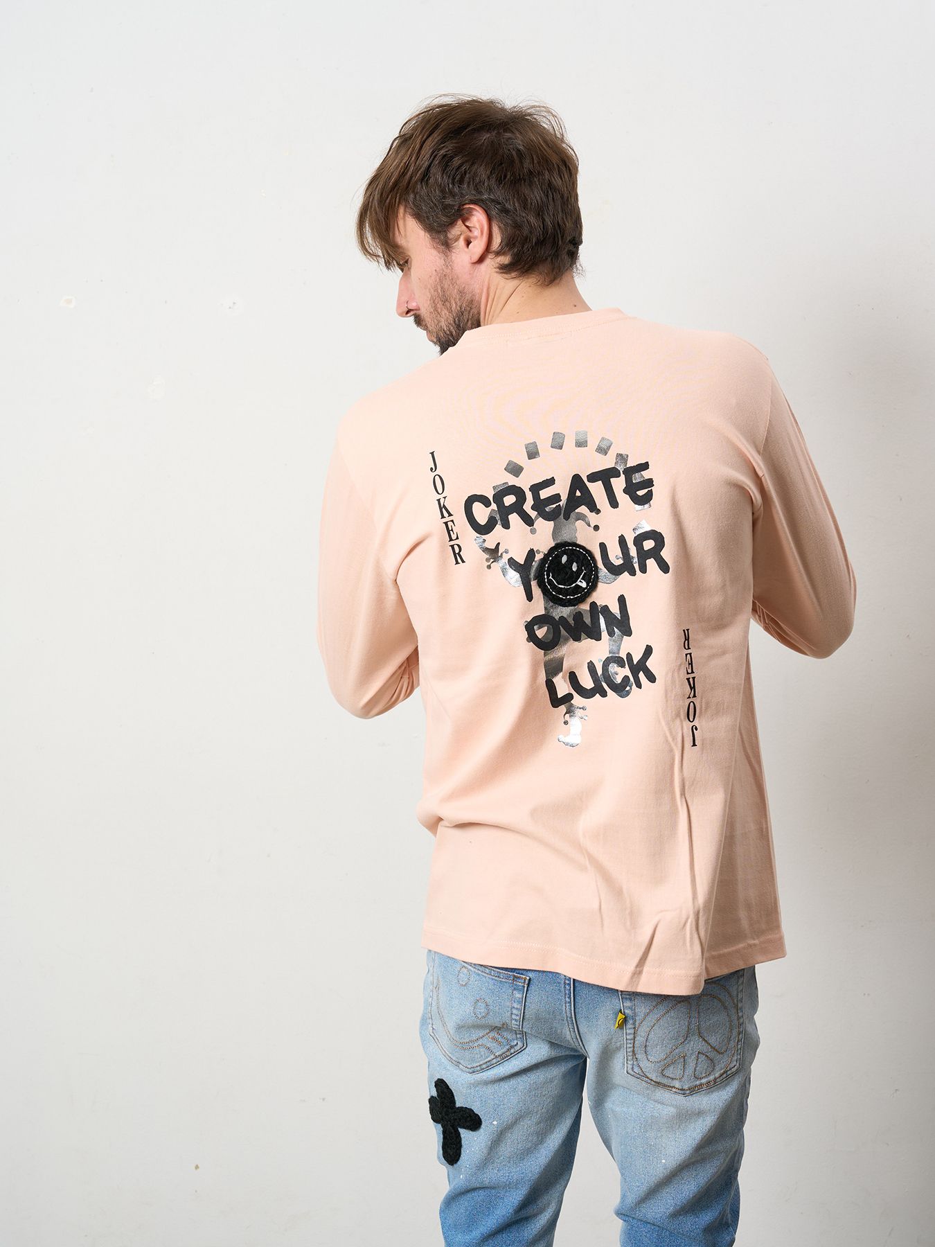 【予約品 5月8日(木) AM10時 締切】 5.6ozコットン天竺 CREATE YOUR OWN LUCK&マルチパッチワーク LS Tシャツ / ペールピンク
