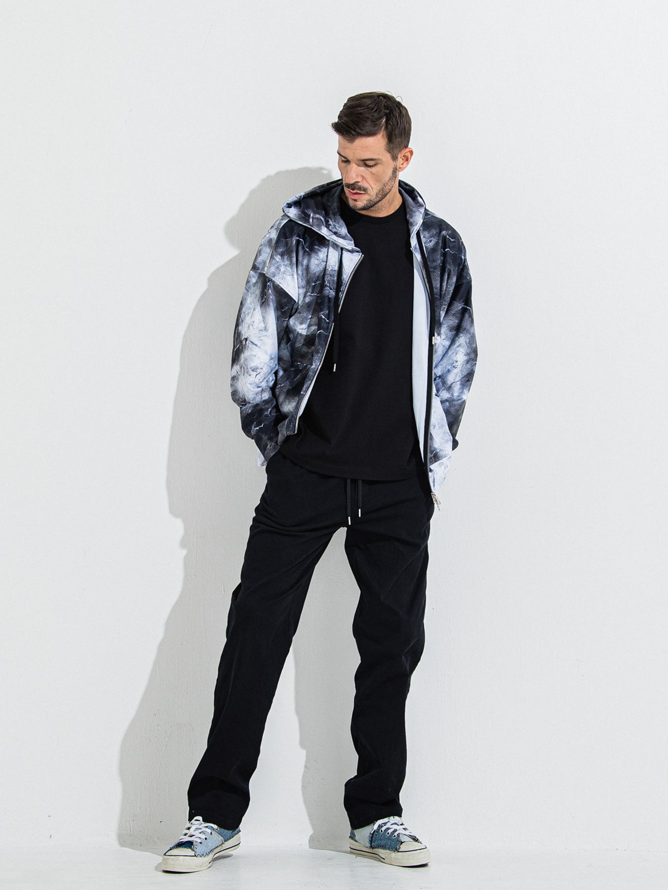 【予約品 】RASH OVER ZIPUP HOODIE / ラッシュガード オーバーサイズジップアップパーカー / マーブルブラック
