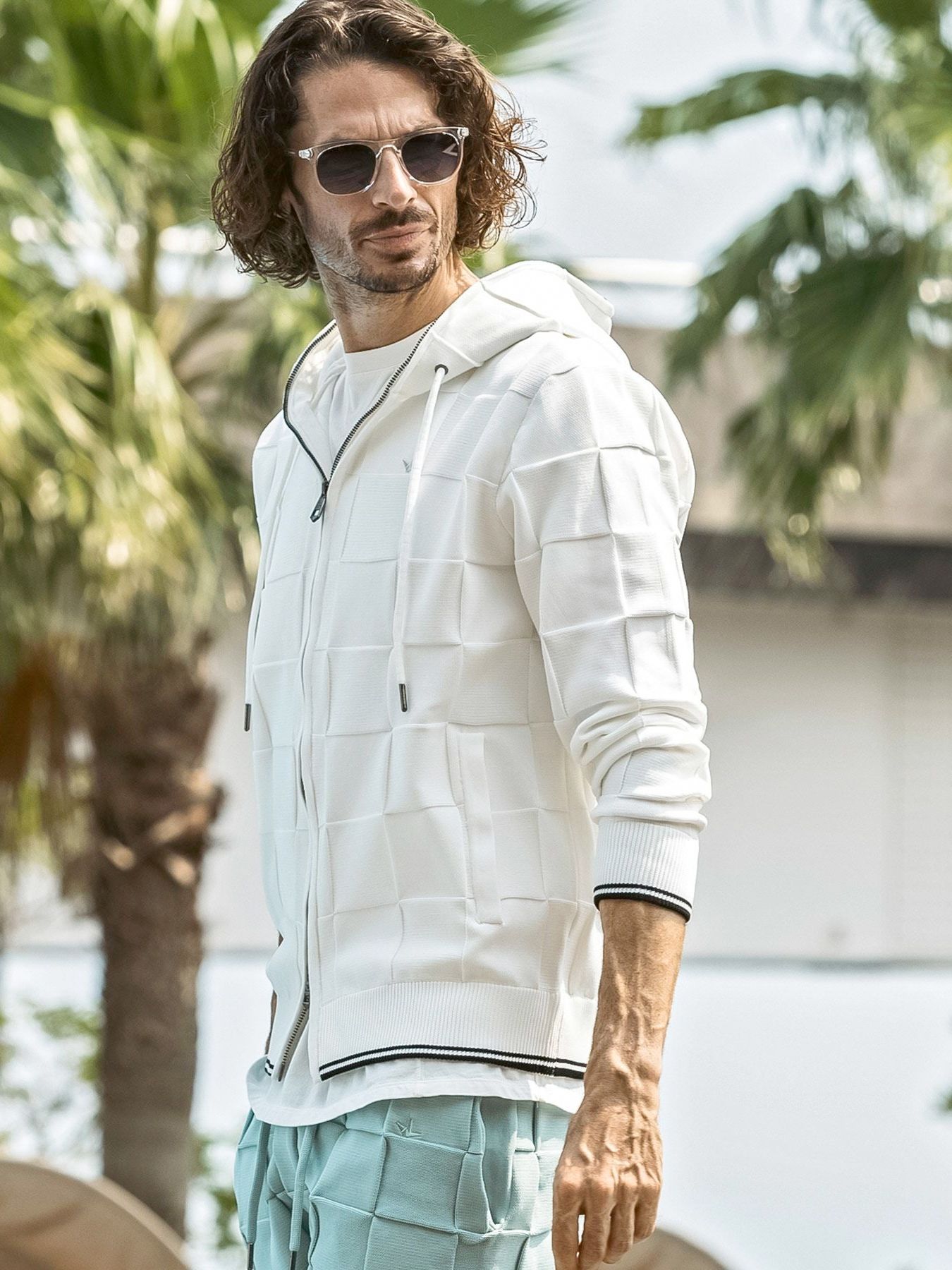 ブロックニットジップアップフーディー / ホワイト