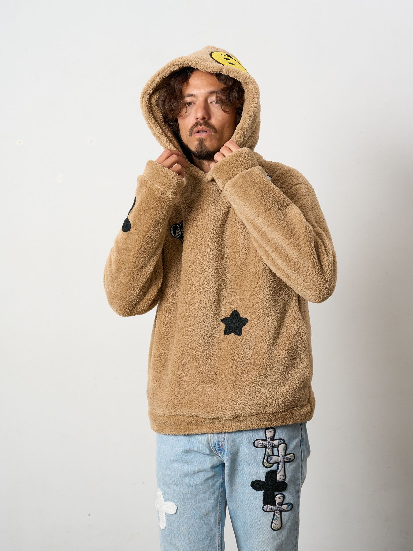 【予約品 5月8日(木) AM10時 締切】 コーラルフリースボア マルチパッチワークプルパーカー / キャメル