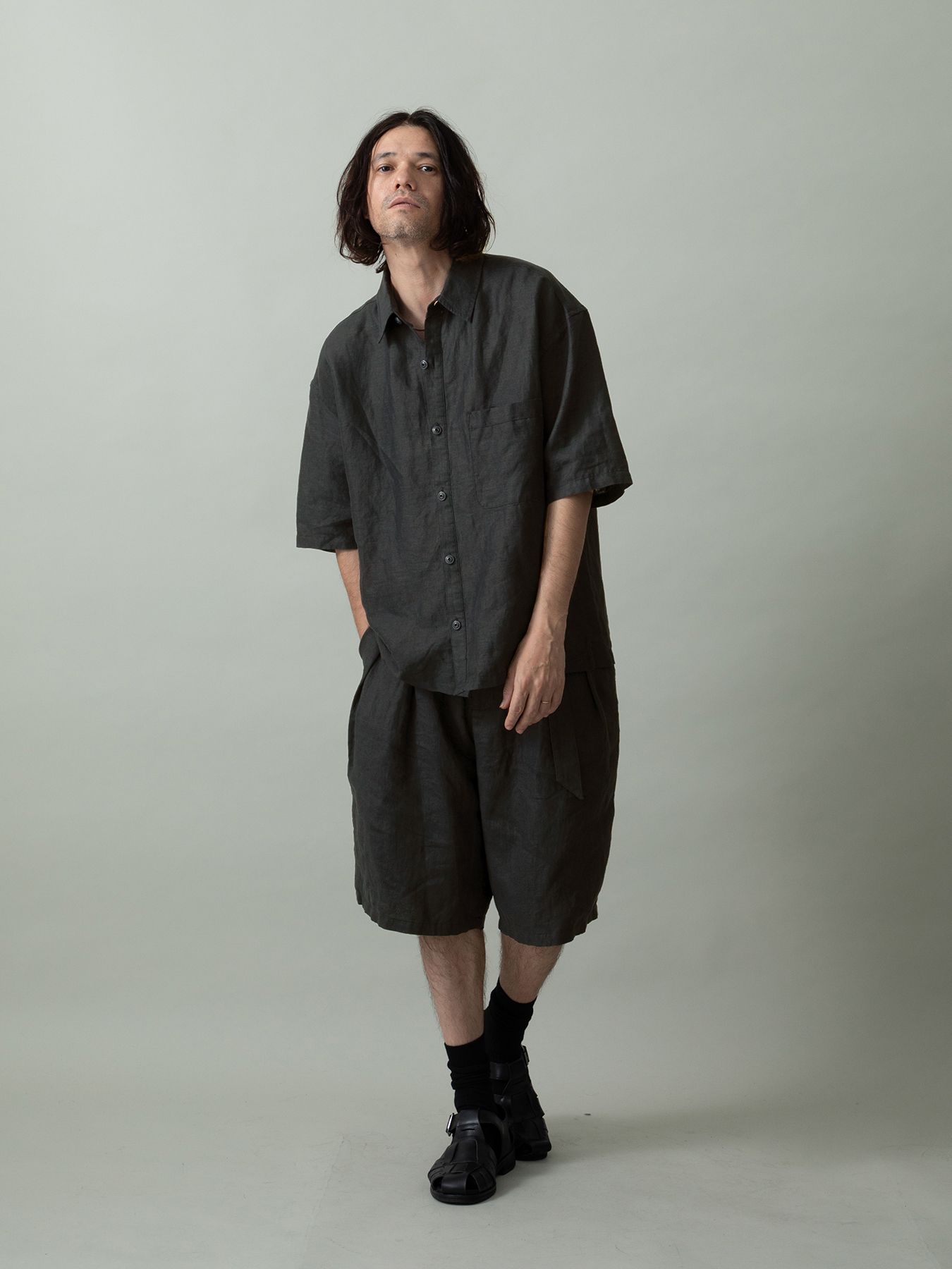 【予約品 2月1日(日) 締切】GATHERLINEN SHIRTS S/S / リネン 半袖シャツ / チャコール