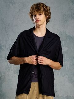 【予約品 1月25日(日) 締切】ex.comfy wool open collar shirt / サマーウール オープンカラーシャツ / ブラック