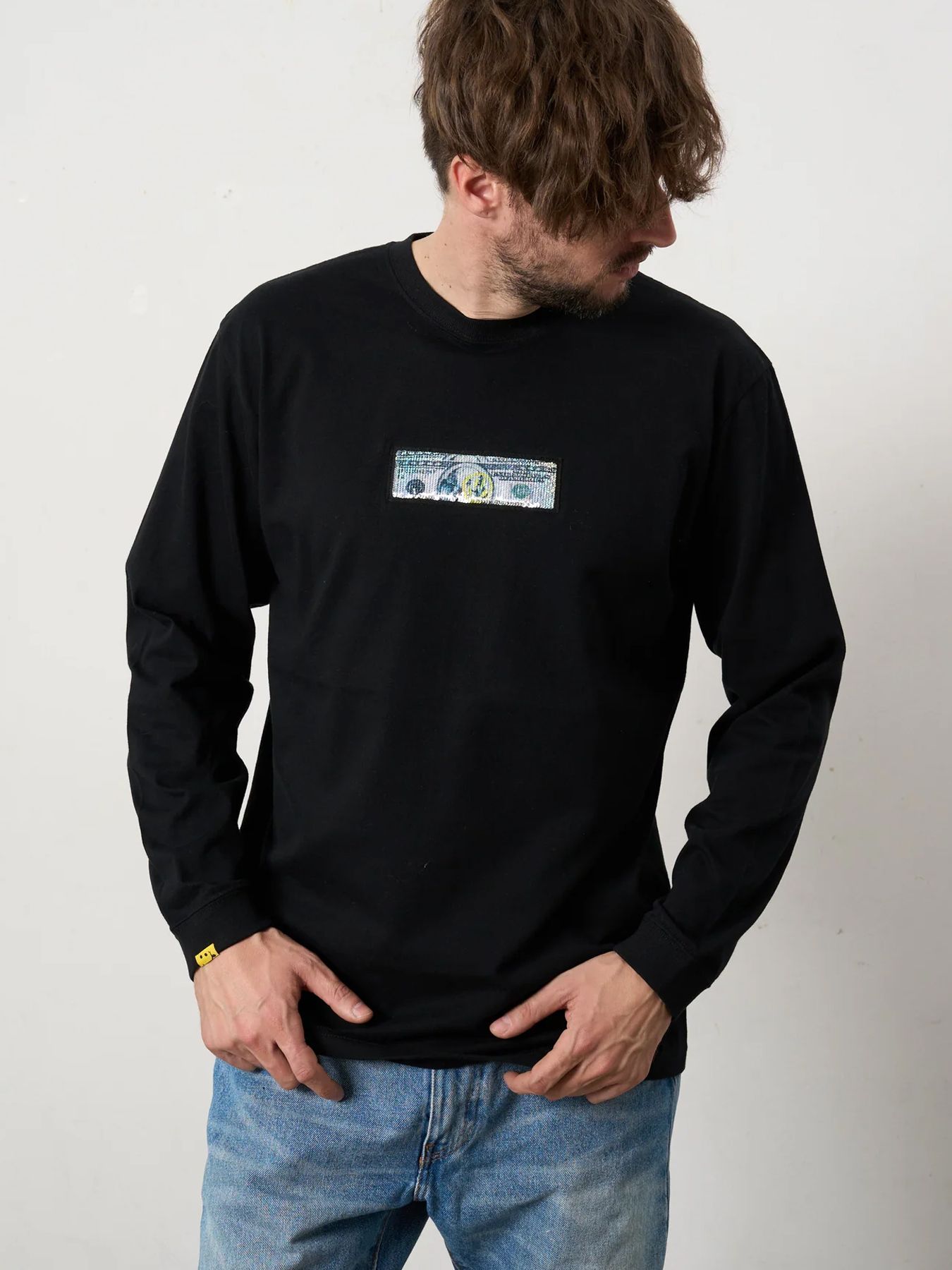 5.6ozコットン天竺 DO YOU WANT シークイン LS Tシャツ / ブラック