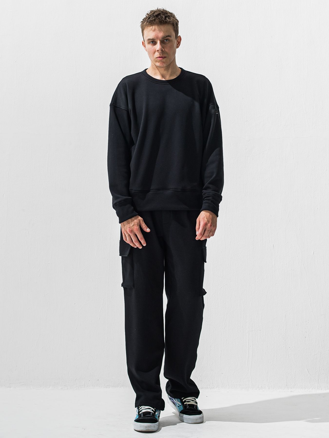 【予約品 9月6日(日) 締切】PIN ST RC VELOURS FLEECE DROP TRAINER / ピンストライプロゴ 裏起毛 ルーズトレーナー / ブラック