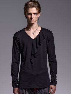 【予約品 1月4日(日) 締切】W-Frill-V-Neck-T / ダブルフリルTシャツ / ブラック