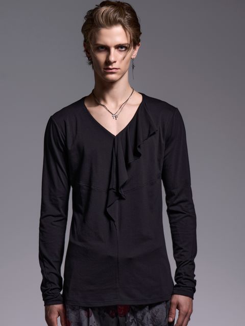 【予約品 1月4日(日) 締切】W-Frill-V-Neck-T / ダブルフリルTシャツ / ブラック