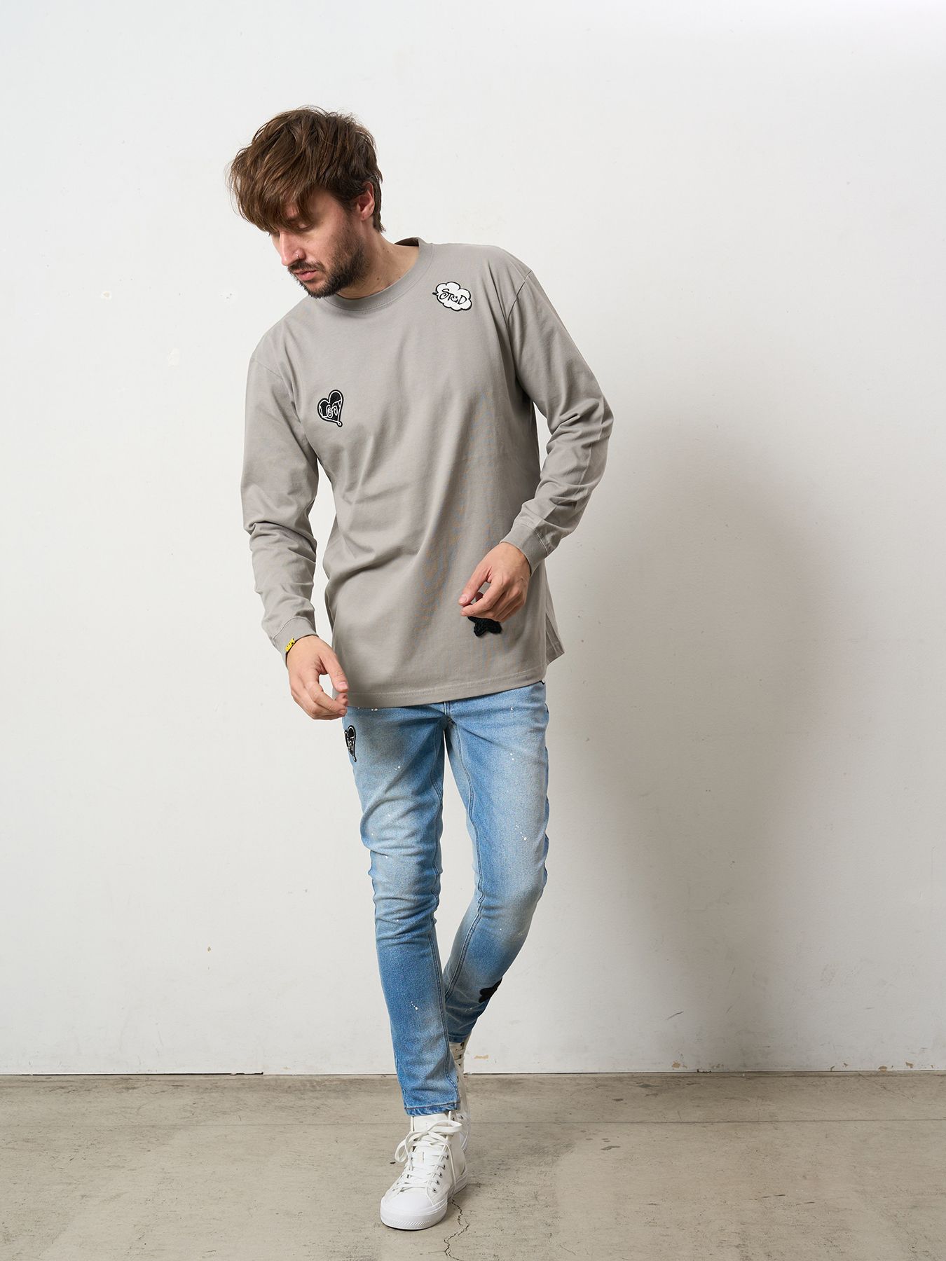 【予約品 5月8日(木) AM10時 締切】 5.6ozコットン天竺 CREATE YOUR OWN LUCK&マルチパッチワーク LS Tシャツ / チャコールグレー