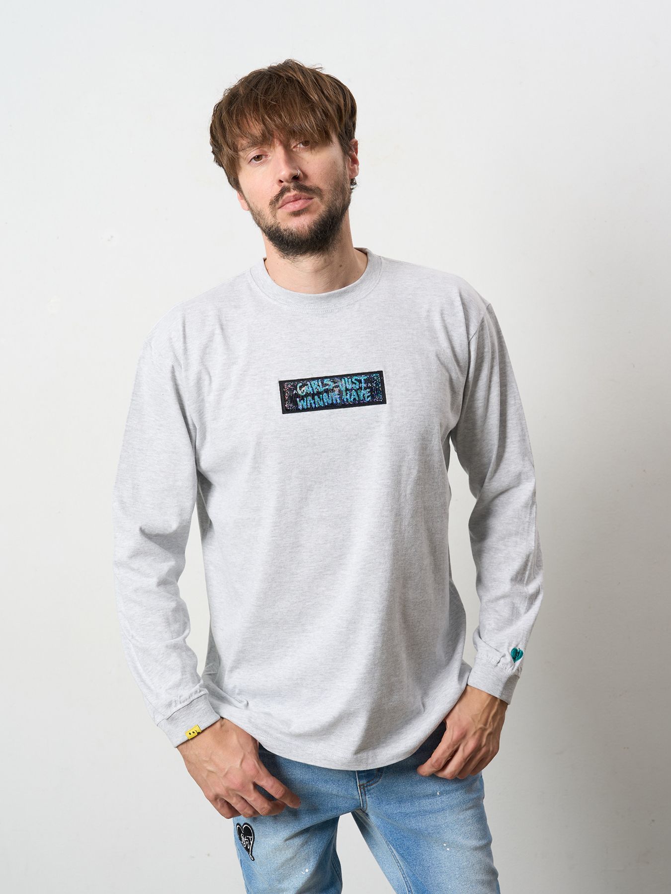 【予約品 5月8日(木) AM10時 締切】 5.6ozコットン天竺 スターグラムハート＆シークインLS Tシャツ / アッシュ
