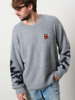 【予約品 5月8日(木) AM10時 締切】 ナイロンフェザーヤーン ビックロゴクロスインターシャシャギープルオーバー / M.グレー