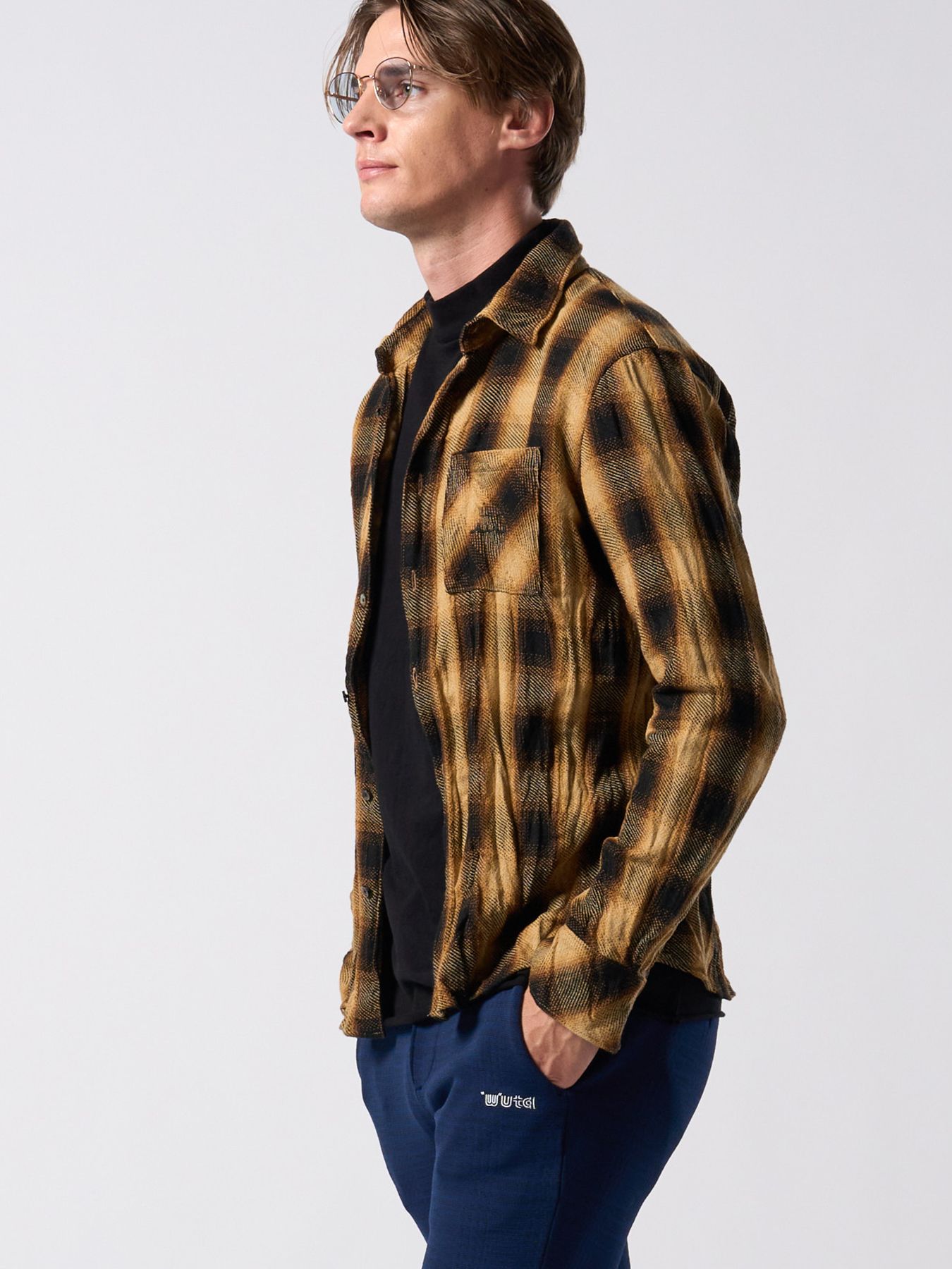【予約品】muta × wjk collection：twist wrinkle check shirt / シワ加工チェックシャツ / イエローチェック