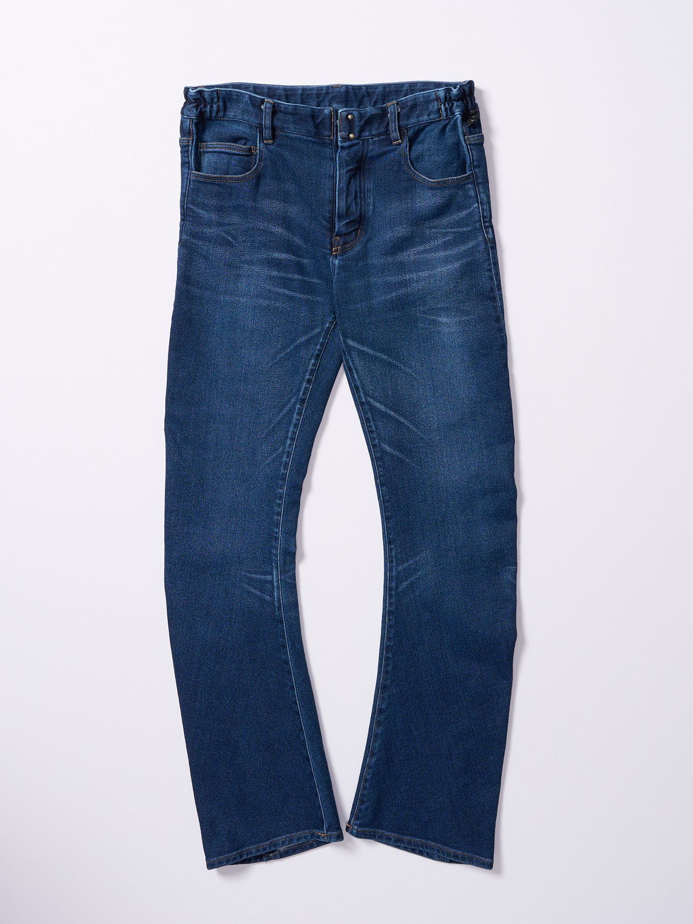 【予約品 4月19日(日) 18時締切】denim jersey 3D banana flare pants / デニムジャージー 3D バナナフレアパンツ / インディゴユーズド