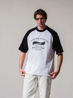 【予約品 11月16日(日) 締切】COLLEGE RAGLAN OVER TEE / カレッジロゴ ラグランスリーブ オーバーTシャツ / ホワイト×ブラック