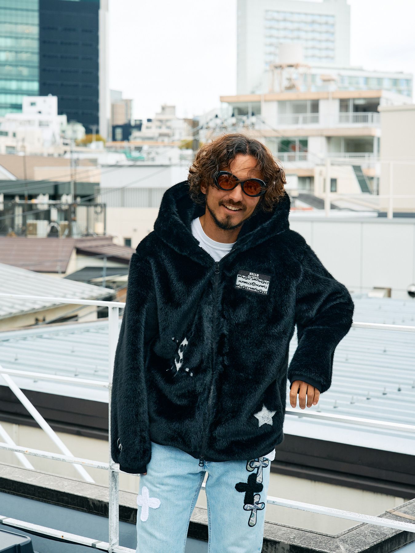 【予約品 】 ECOファー マルチパッチワークビックジップワイドパーカー / ブラック