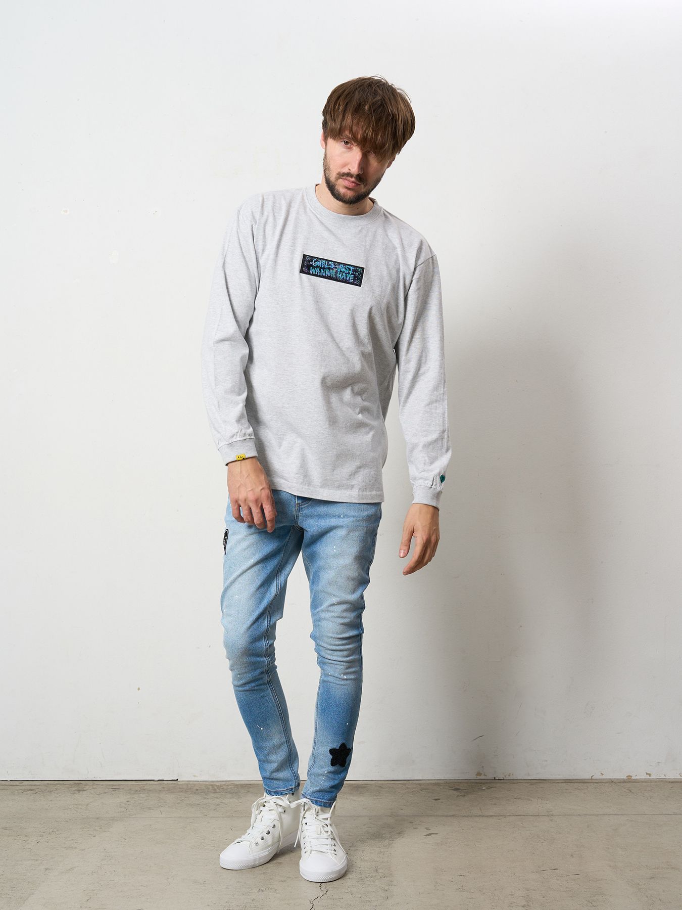 【予約品 5月8日(木) AM10時 締切】 5.6ozコットン天竺 スターグラムハート＆シークインLS Tシャツ / アッシュ