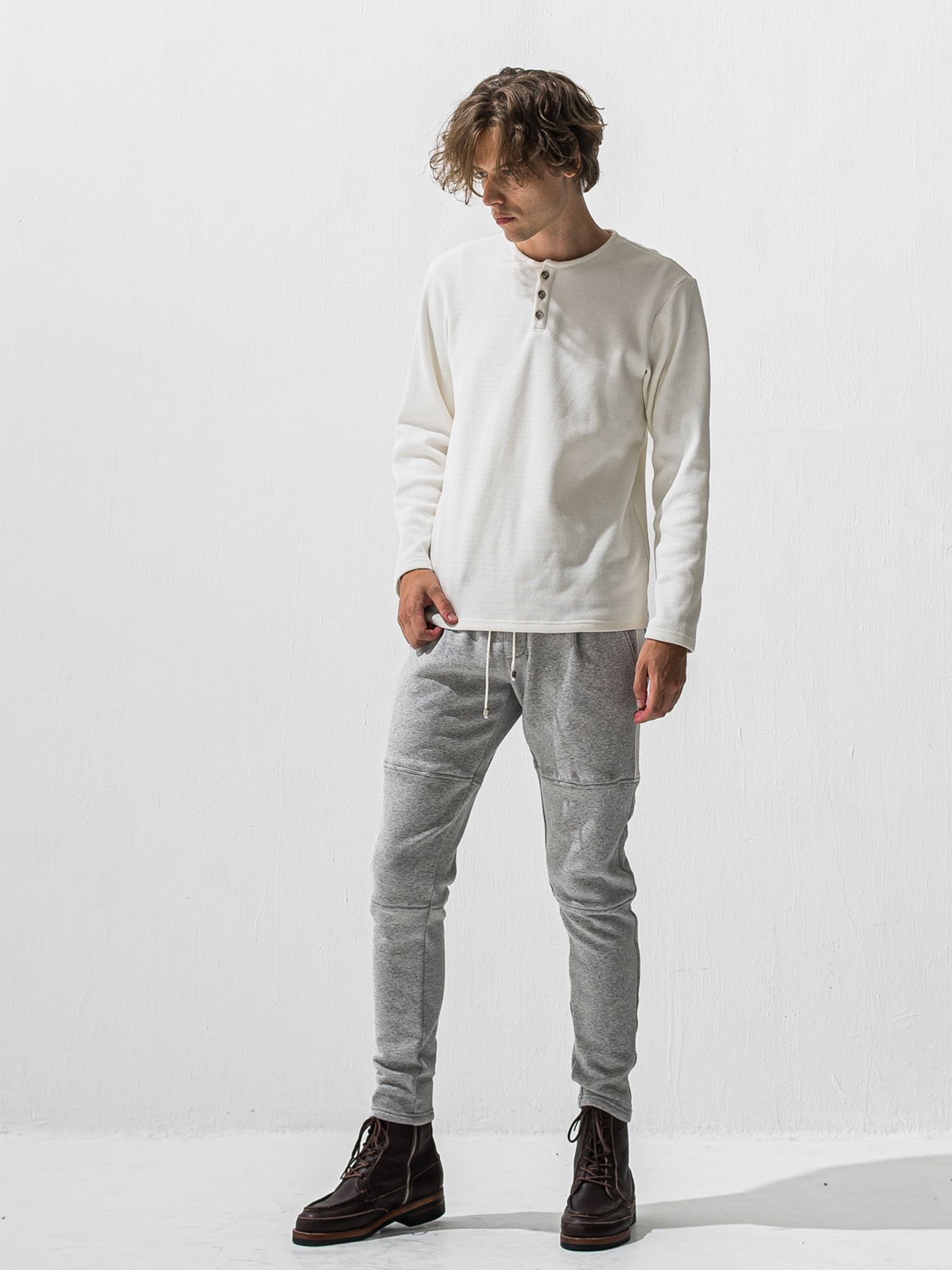 【予約品 9月6日(日) 締切】VELOURS FLEECE THERMAL HENRY / 裏起毛 ハニカムサーマル ヘンリーネック / ホワイト