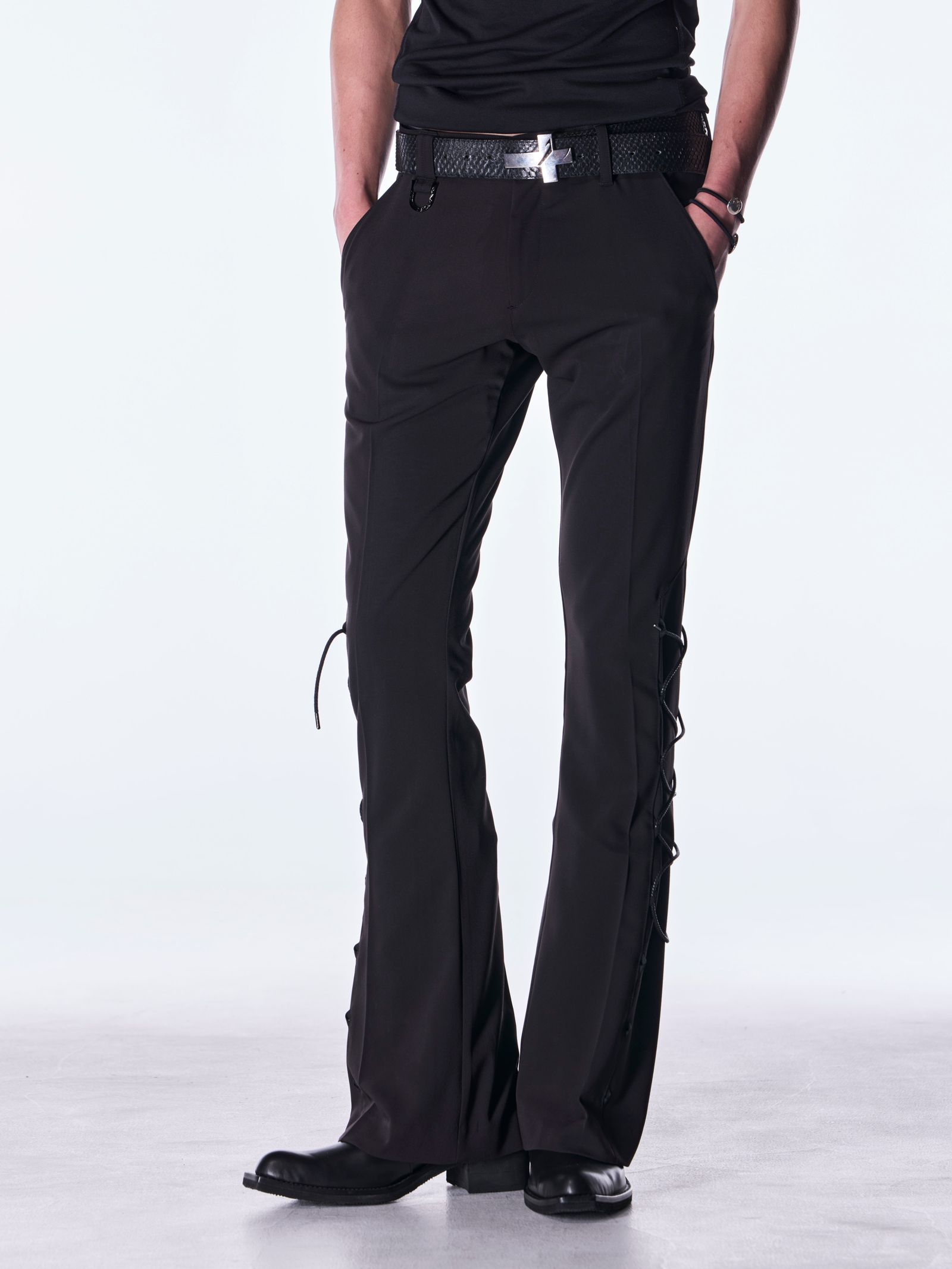 【予約品 6月29日(月) 締切】PE Gabardine Lace Up Flare Slacks / レースアップ フレアスラックス / ブラック