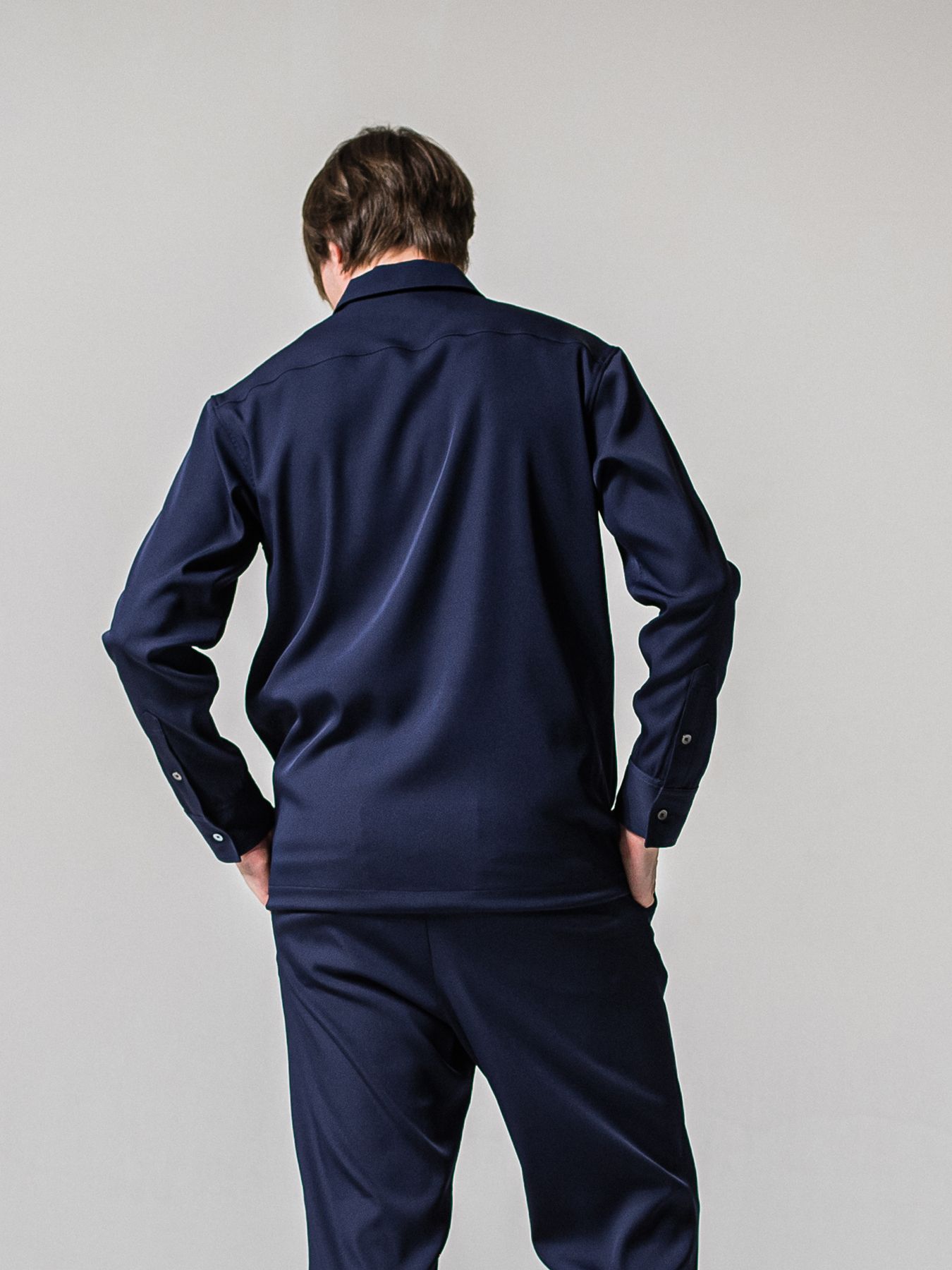 【予約品 11月16日(日) 締切】PULL OVER SATIN SHIRT / ジッププルオーバー サテンシャツ / ネイビー