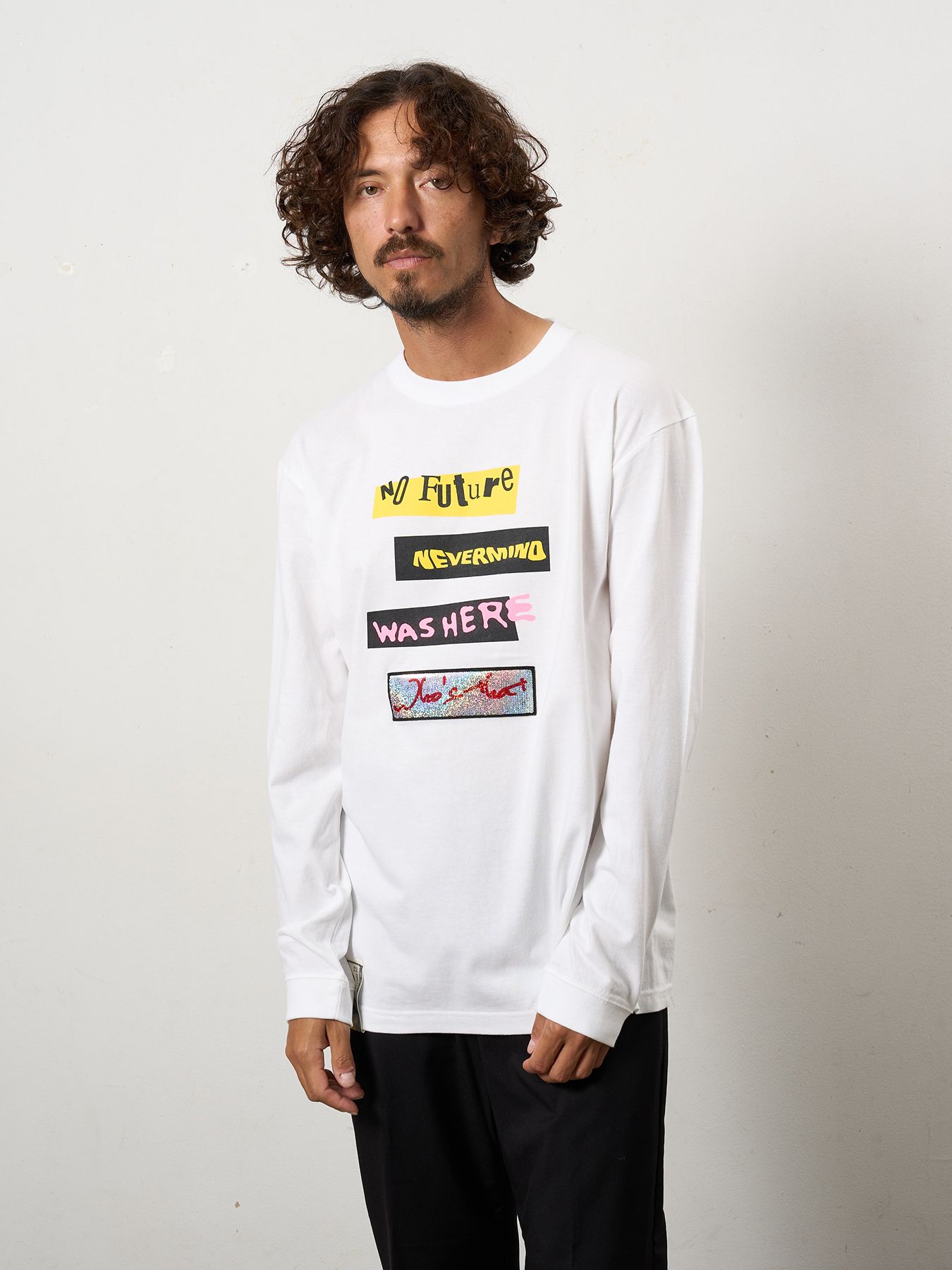 【予約品 10月16日(木) 締切】5.6ozコットン天竺 タイトルボックスシークイン LSシャツ / ホワイト