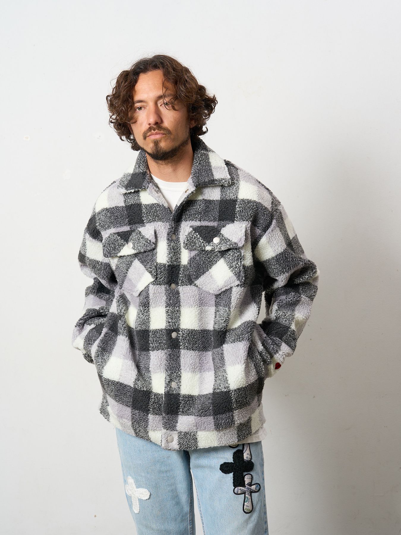 【予約品 】 ブロックチェックムックボア サガラパッチワークブルゾン / M.グレー