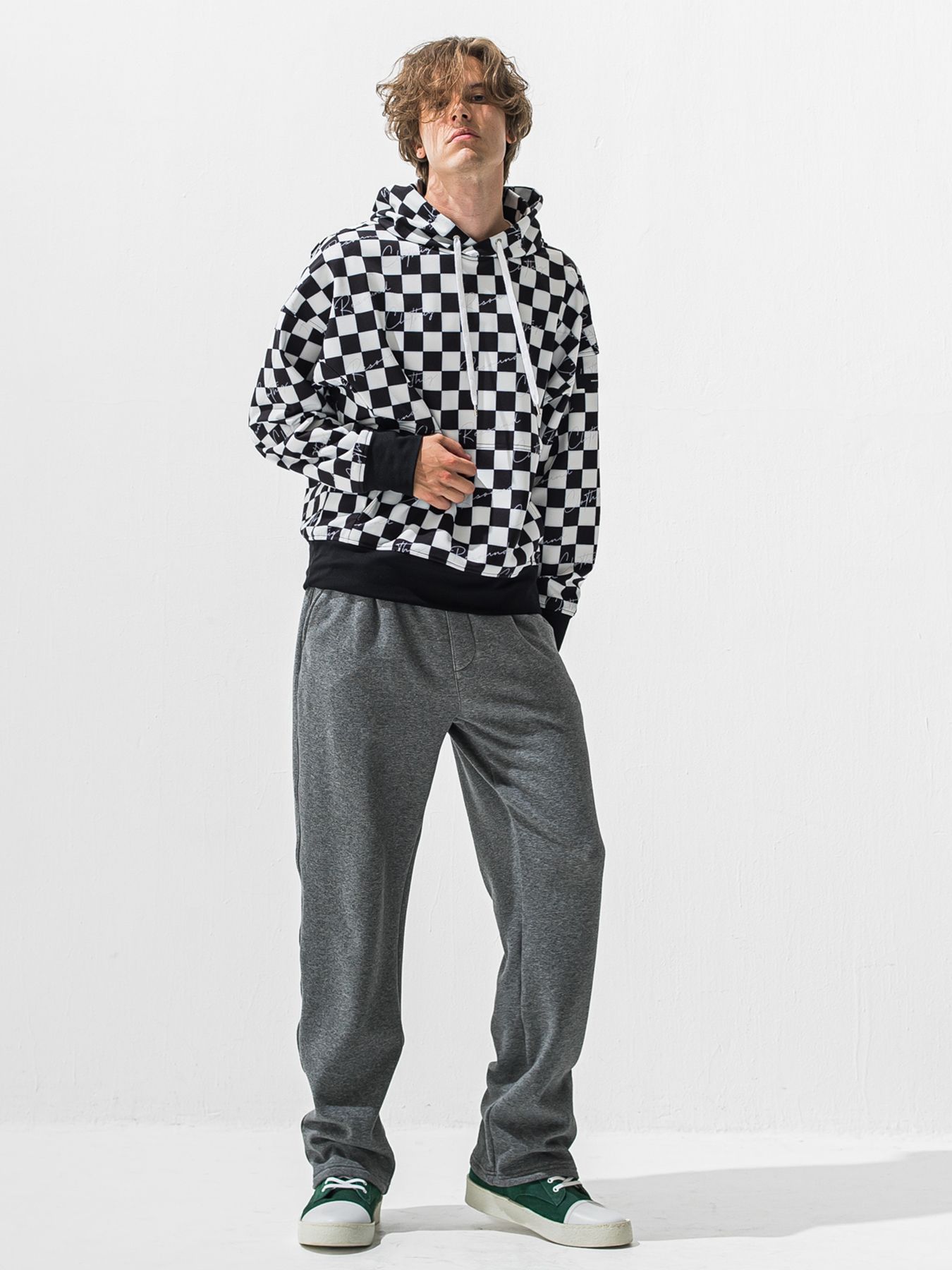 【予約品 9月6日(日) 締切】CHECKER BACK FLEECE TRAINER / 裏起毛 ルーズフーディー / ホワイト×ブラック