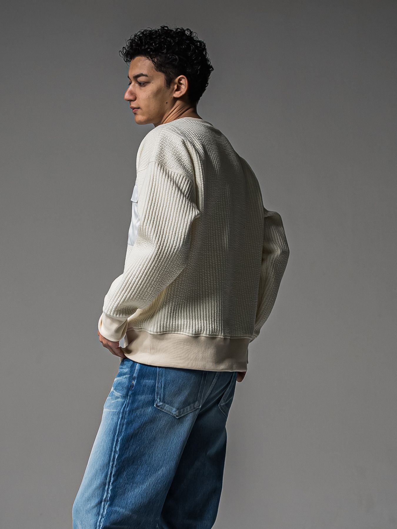 【予約品 】STRIPE QUILTING DROP TRAINER / ストライプキルティング ルーズトレーナー / オフ