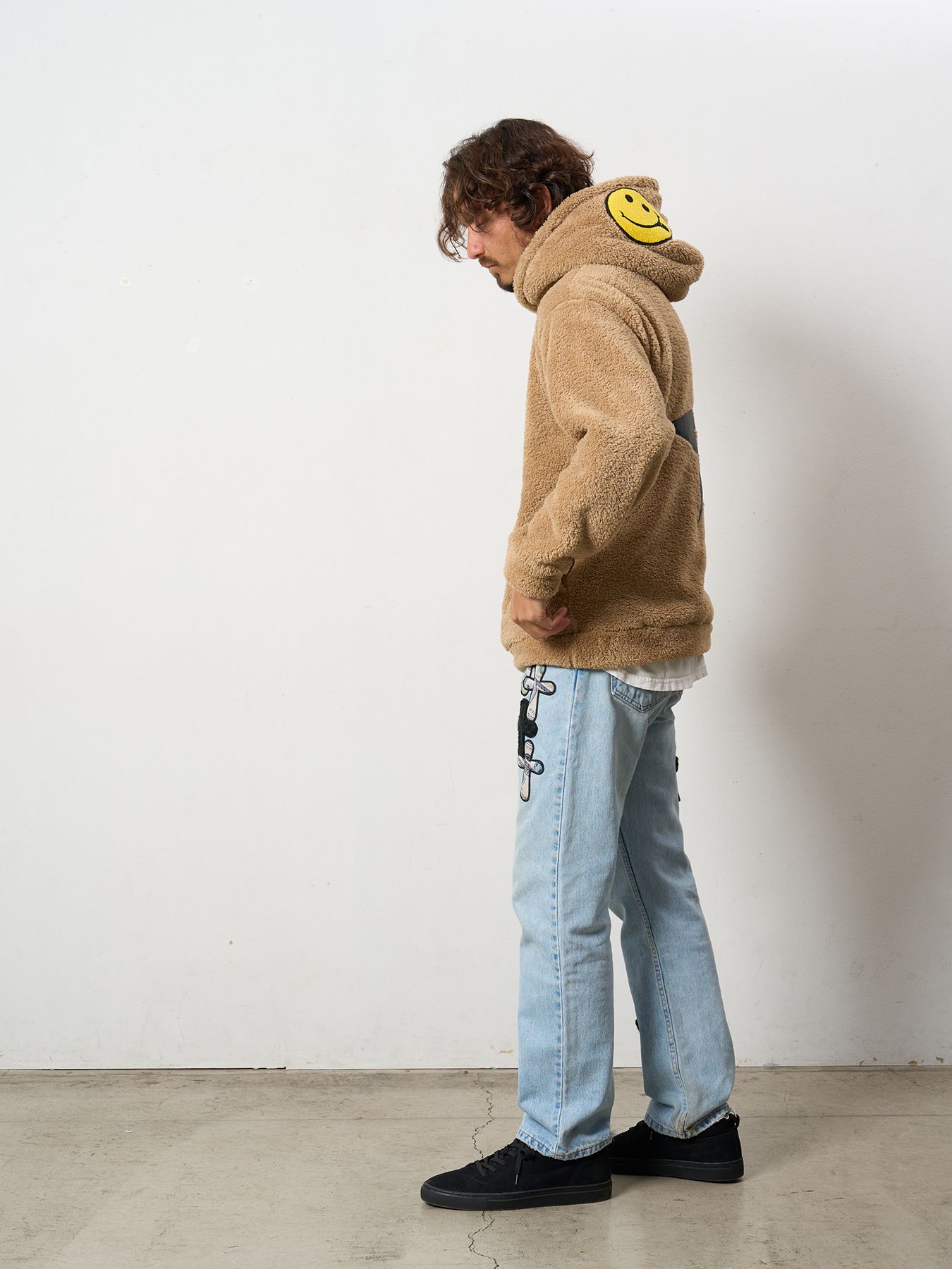 【予約品 5月8日(木) AM10時 締切】 コーラルフリースボア マルチパッチワークプルパーカー / キャメル