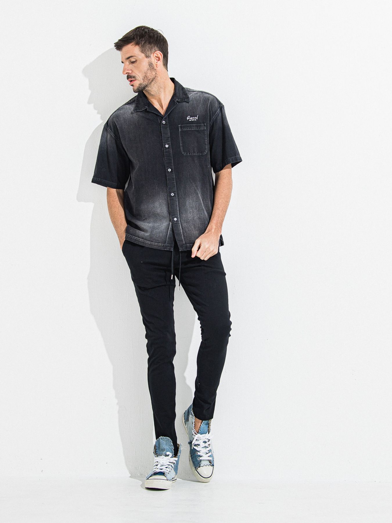 【予約品 】ZACK HALF DENIM SHIRT / ザックハーフスリーブデニムシャツ / ブラックプリント