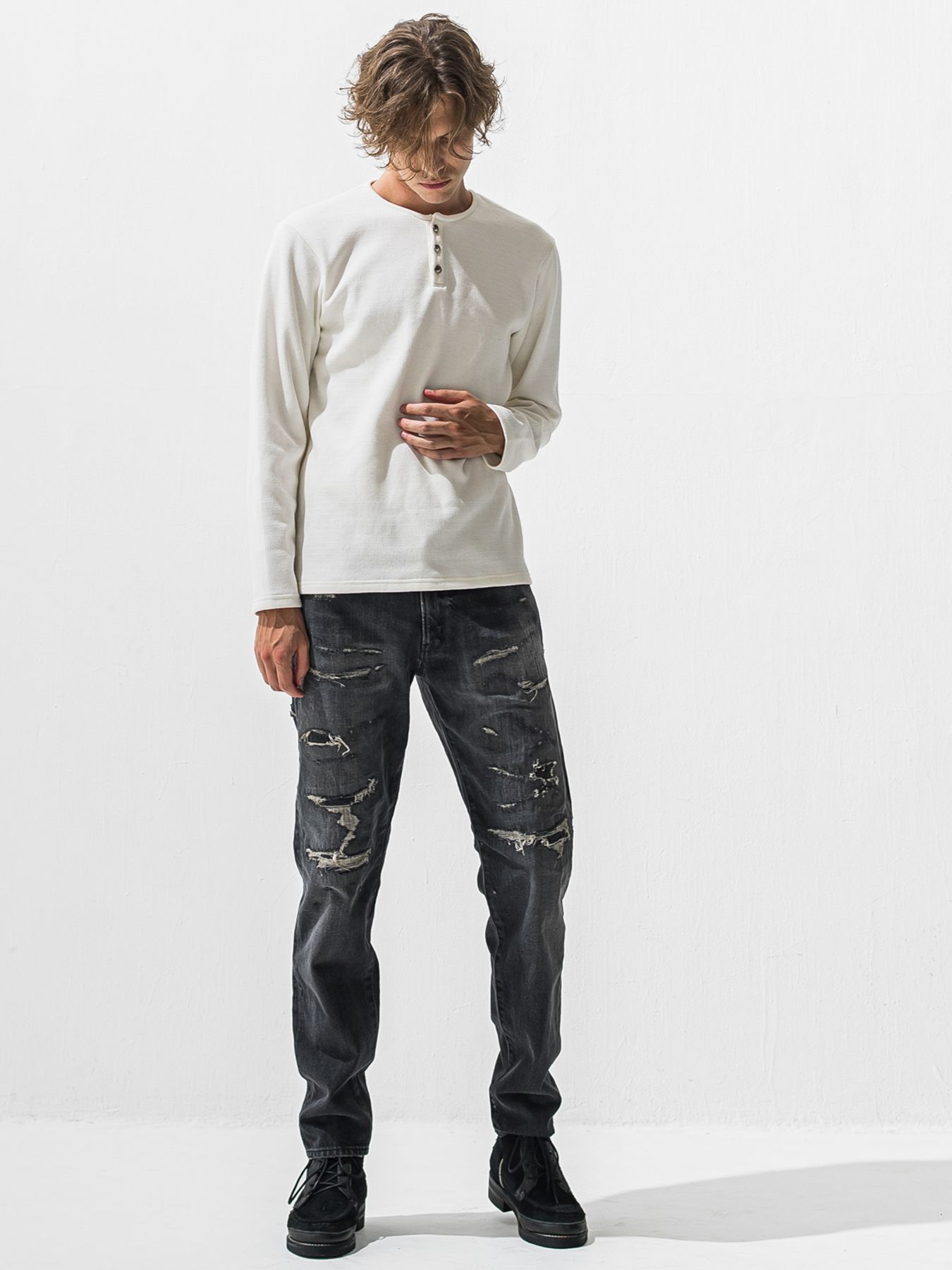 【予約品 9月6日(日) 締切】VELOURS FLEECE THERMAL HENRY / 裏起毛 ハニカムサーマル ヘンリーネック / ホワイト