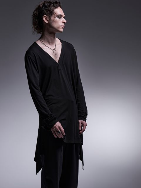 【予約品 7月13日(日) 締切】Henley Flare T-Shirt / ヘンリーネック フレアTシャツ / ブラック
