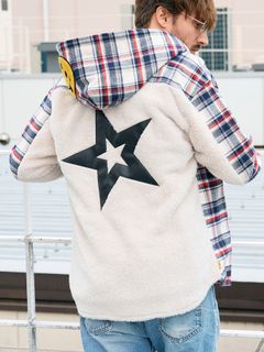 【予約品 】 ヘビーネルチェック-ボア レザースター&サガラパッチワーク フーデッドシャツ / オフホワイト