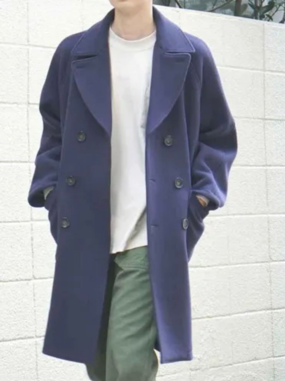 ウールモッサダブルオーバーコート NAVY 裏地ボアファー