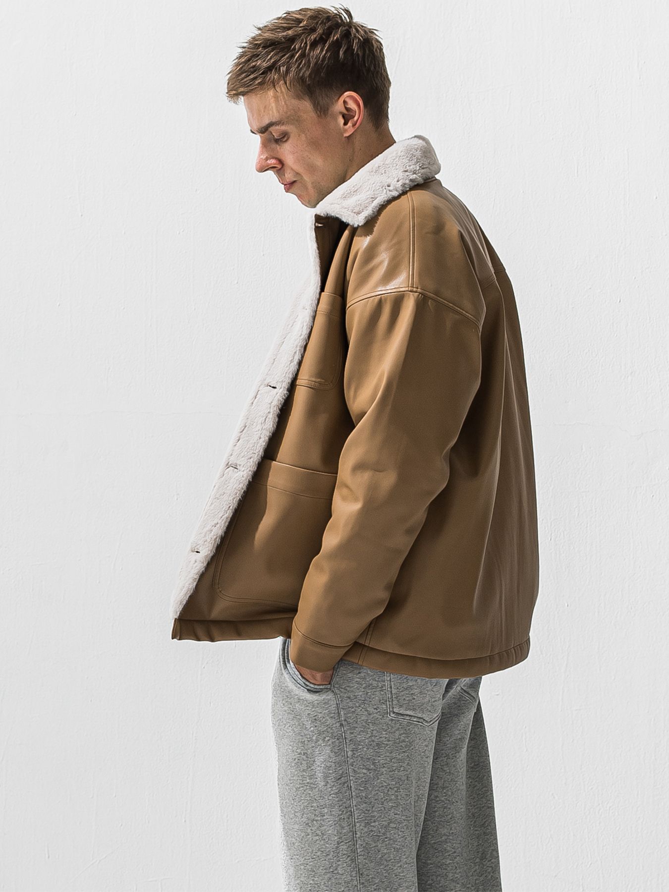【予約品 9月6日(日) 締切】LEATHER FUR COVERALL / レザー ファー カバーオール / ベージュ