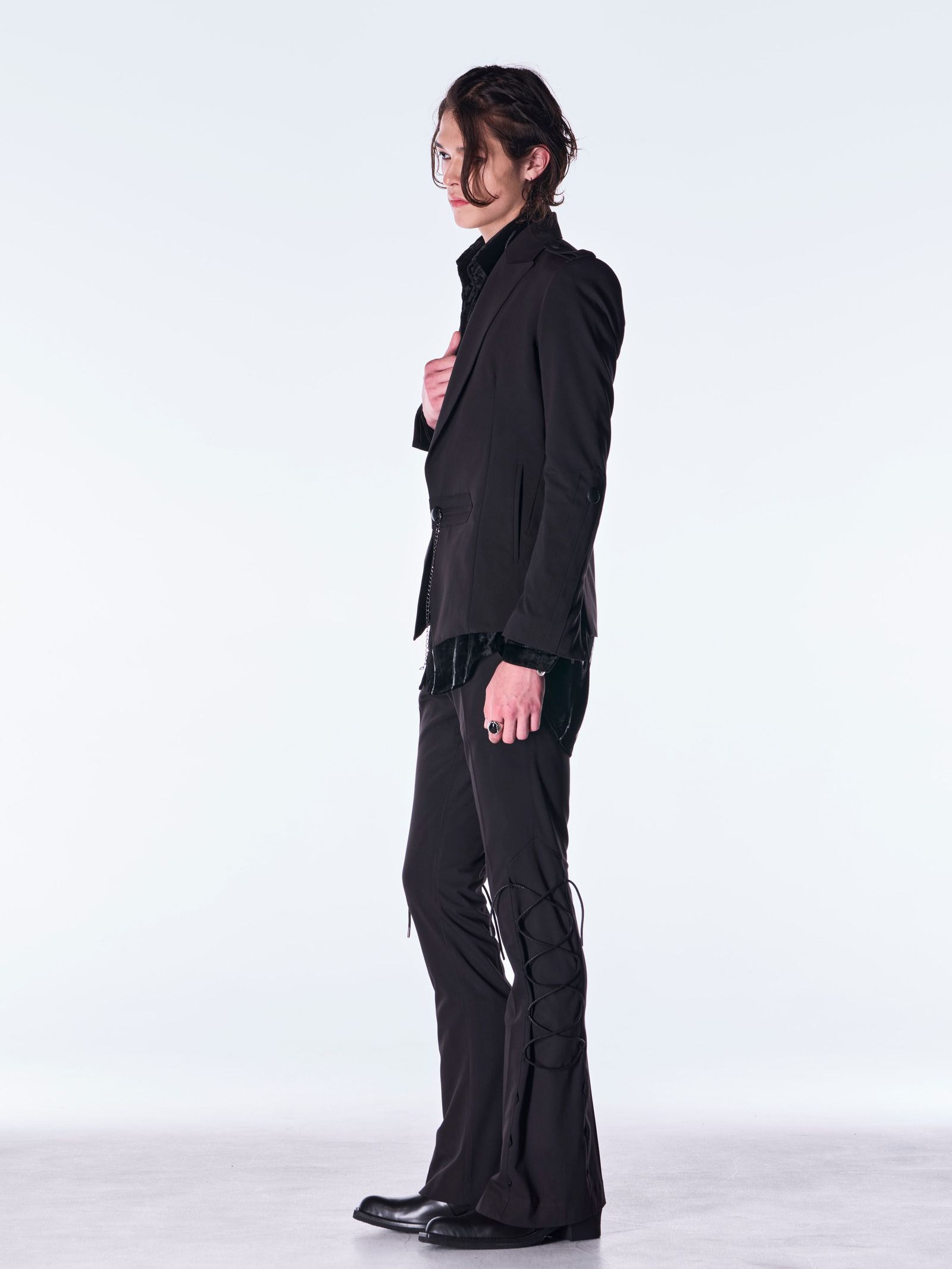 【予約品 6月29日(月) 締切】PE Gabardine Lace Up Flare Slacks / レースアップ フレアスラックス / ブラック