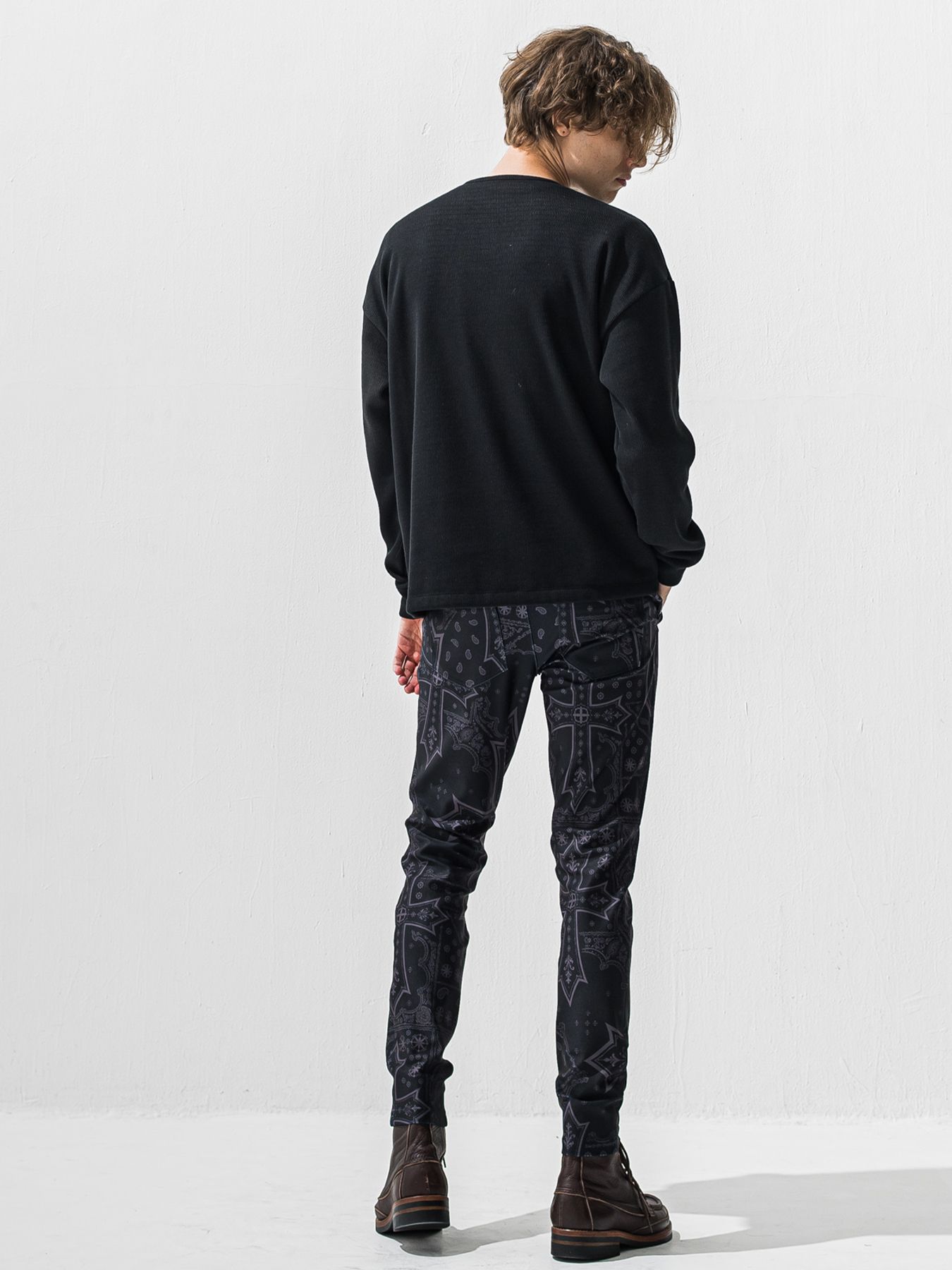 【予約品 9月6日(日) 締切】OVER HENRY VELOURS FLEECE THERMAL / 裏起毛 ハニカムサーマル オーバーサイズヘンリーネック / ブラック