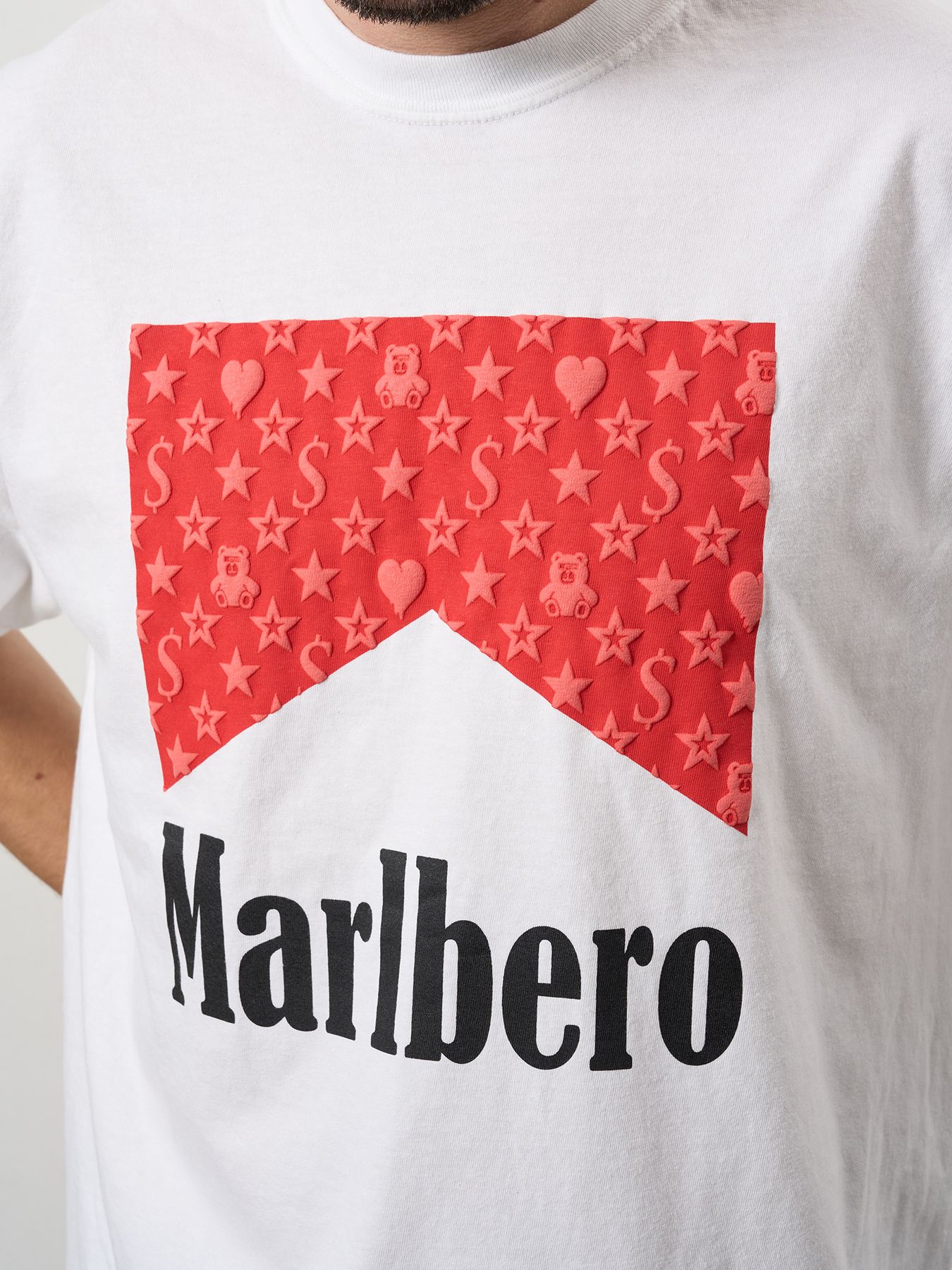 【予約品 10月16日(木) 締切】7ozピグメントウォッシュドコットン天竺 MARLBERO フォームプリント SSシャツ / ホワイト