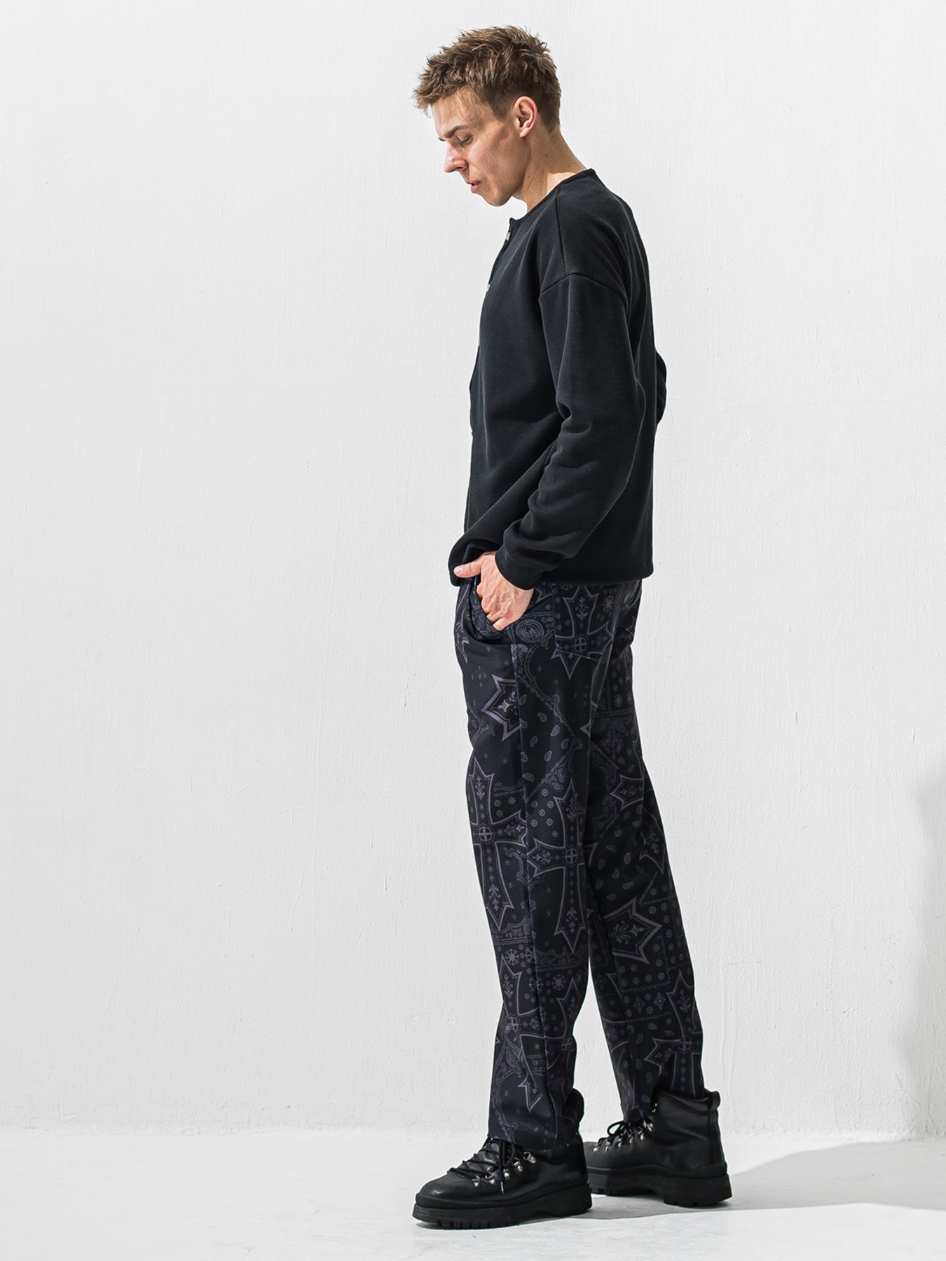 【予約品 9月6日(日) 締切】OVER HENRY VELOURS FLEECE THERMAL / 裏起毛 ハニカムサーマル オーバーサイズヘンリーネック / ブラック